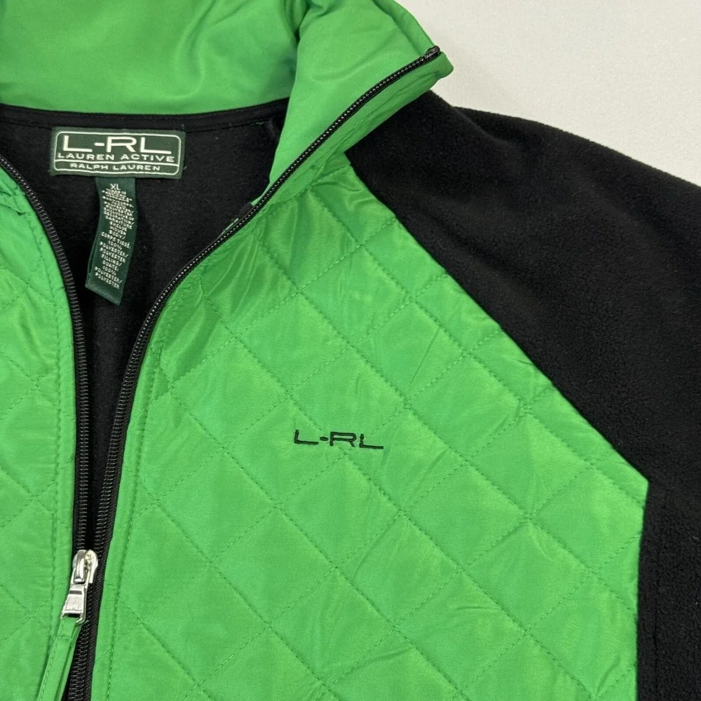 Lauren Ralph Laure Quilted Fleece Sweater Jacket Full Zip Green Black Women's XL